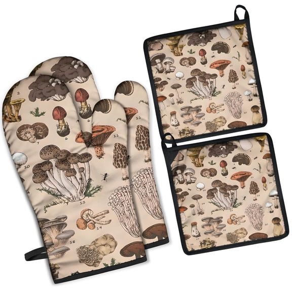 Brown Mushroom Specimen Beige Pattern Kitchen Oven Mitt and Pot Holder Sets 2 Pcs for Baking, Cooking and Grilling, Heat Resistant Up To 392 °F