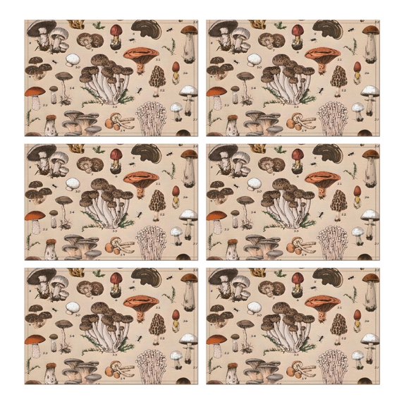 Brown Mushroom Specimen Beige Pattern Summer Placemats Table Placemats Set Of 6-Linen Kitchen Washable Placemats Table Mats 11.8"x17.7" Non-Slip Heat Resistant