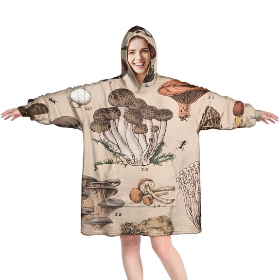 Brown Mushroom Specimen Beige Pattern Wearable Oversized Blanket,Wearable Blanket Hoodie for Adults,Cozy Hooded Blankets with Super Pockets,Super Warm Fuzzy Pullover for Women & Men