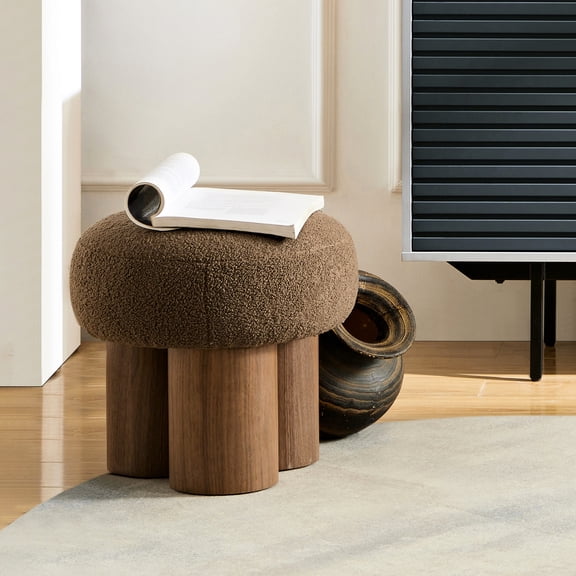 Brown Mushroom Stool For Laundry Room - Lamb Wool Seat, Walnut Veneer Pipe Practical And Functional Modern Hunting Portable