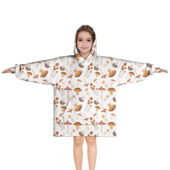 Brown Mushroom White Pattern Blanket Hoodies for Kids 6-13YR Oversize Wearable Blanket Hoodies for Boys Girls Teens