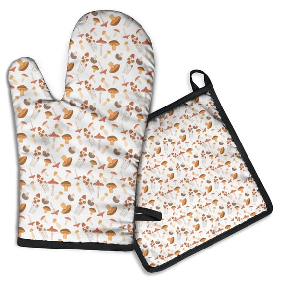 Brown Mushroom White Pattern Kitchen Oven Mitt and Pot Holder Sets 2 Pcs for Baking, Cooking and Grilling, Heat Resistant Up To 392 °F