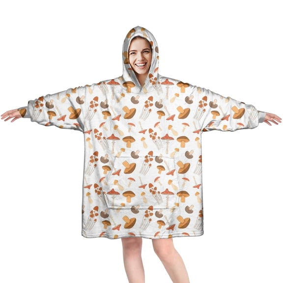 Brown Mushroom White Pattern Wearable Oversized Blanket,Wearable Blanket Hoodie for Adults,Cozy Hooded Blankets with Super Pockets,Super Warm Fuzzy Pullover for Women & Men