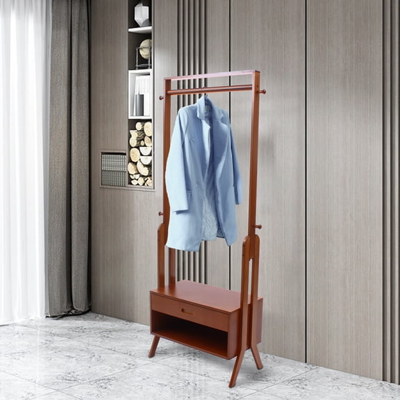 Brown Nanzhu Floor Standing Clothes Rack - Rectangular Design, 66.73in Total Height with 25in Hanging Rod for Dorms/Camping/Apartments
