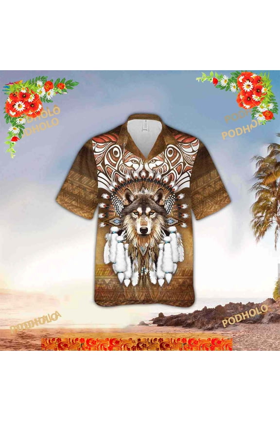 Brown Native Wolf Hawaiian Shirt