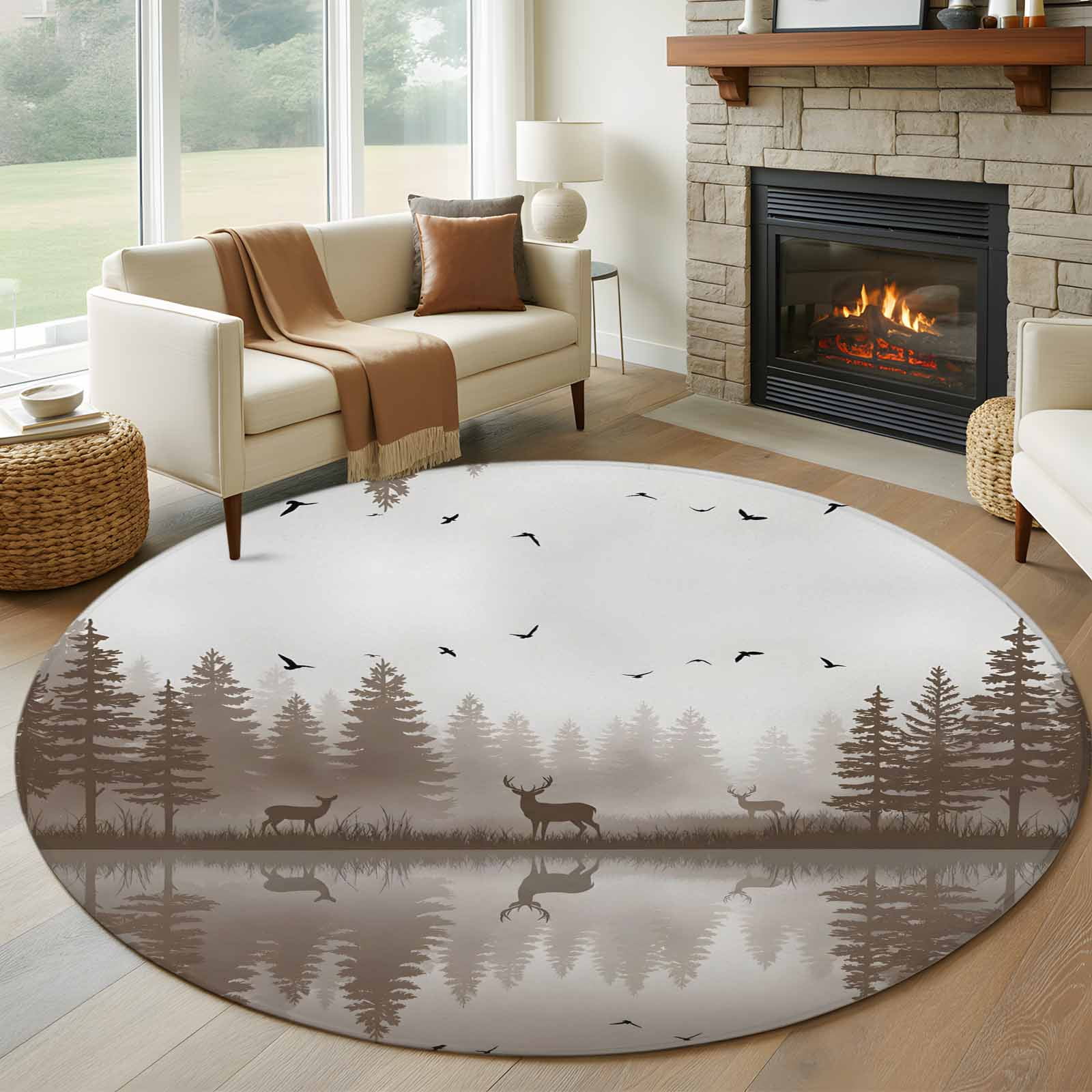 Brown Nature Landscape Round Rugs for Living Room 6ft Deer Misty Lake ...
