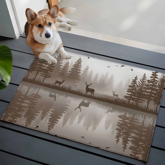 Brown Nature Landscape Small Area Rugs 2x3 Deer Misty Lake Foggy Forest Birds Entryway Rugs Washable Door Mat, Low-Profile Area Rugs Non Slip Floor Carpet for Living Room Bedroom Home Office