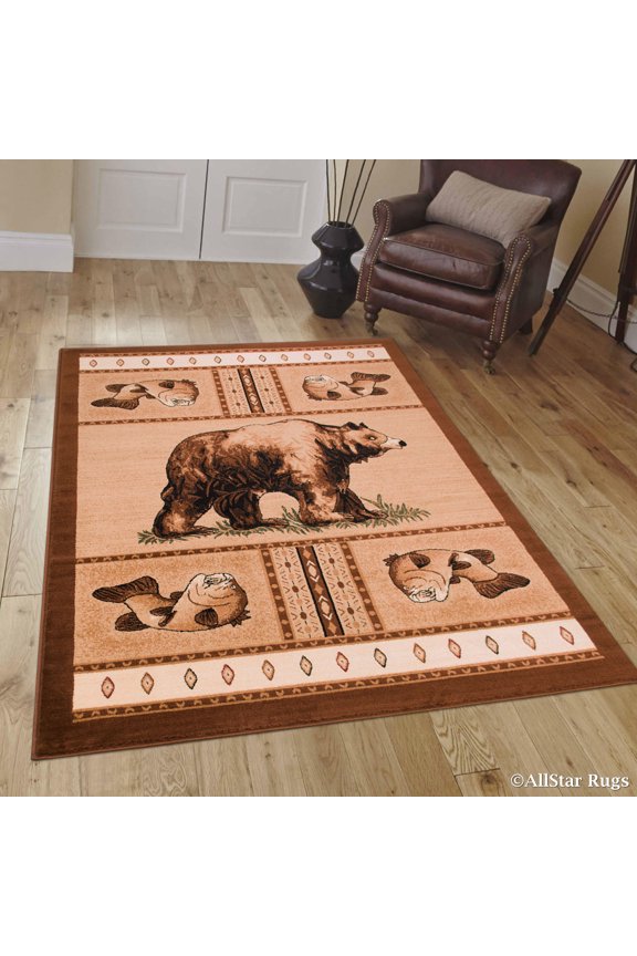 Brown Nature Wildlife Outdoor Cabin Bear with Fish Area Rug (3' 9" x 5' 1")