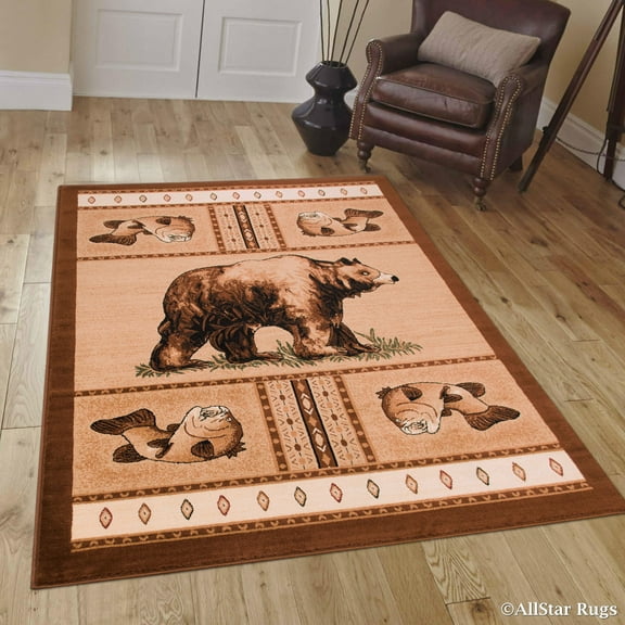 Brown Nature Wildlife Outdoor Cabin Bear with Fish Area Rug (3' 9" x 5' 1")