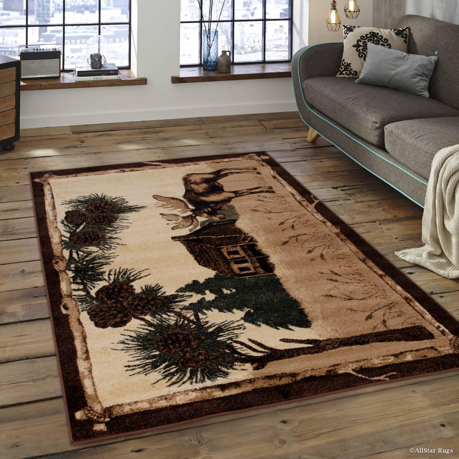 Brown Nature Wildlife Outdoor Cabin Bear with Fish Area Rug (3' 9" x 5' 1")