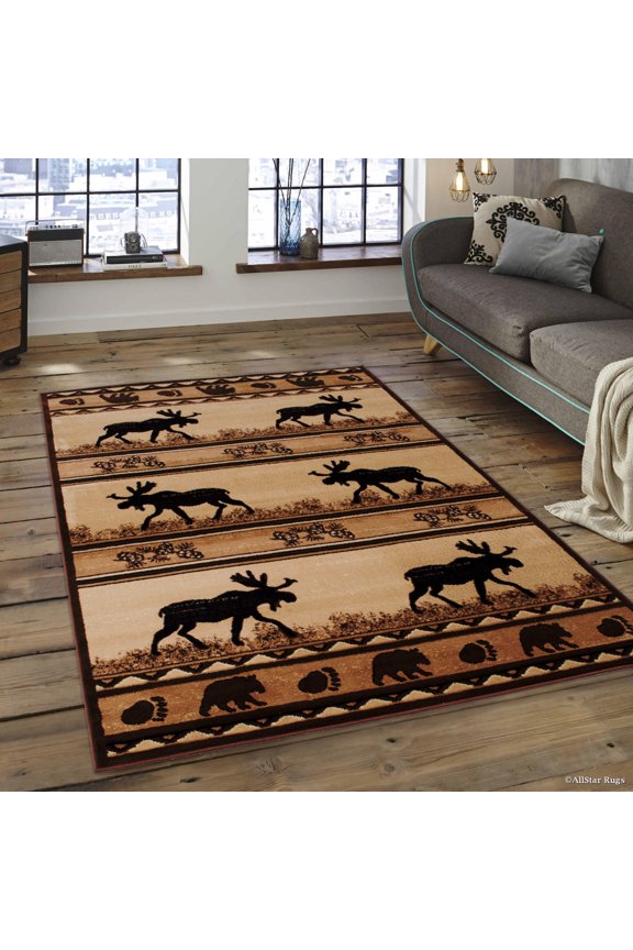 Brown Nature Wildlife Outdoor Cabin Bear with Fish Area Rug (3' 9" x 5' 1")