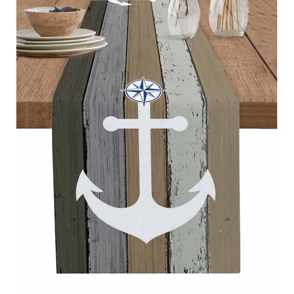 Brown Nautical Anchor Short Table Runners 36 Inches, Cotton Linen Fabric Table Runner Dresser Scarf, Rustic Distressed Wood Grain Tablerunner for Party/Kitchen/Dinner/Wedding Decor 13''x36''