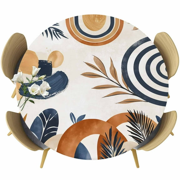 Brown Nave Blue Boho Fitted Tablecloth with Elastic Edged, Round Table Cloth for Dining Table, Modern Geometric Botanical Waterproof Oil Proof Table Cover for Indoor Outdoor 36"-44"