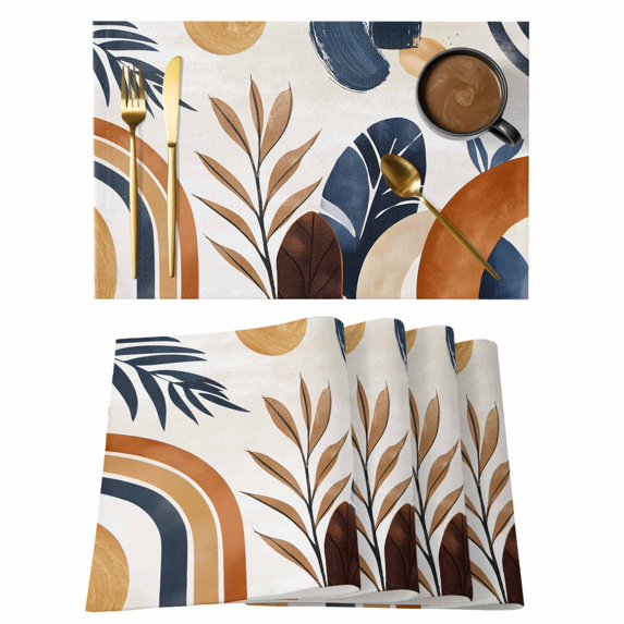 Brown Nave Blue Boho Placemats Set of 12, Cotton Linen Fabric Place Mats, Modern Geometric Botanical Washable Decorative Table Mats Protector for Home Kitchen Dining Wedding Party Coffee Tables