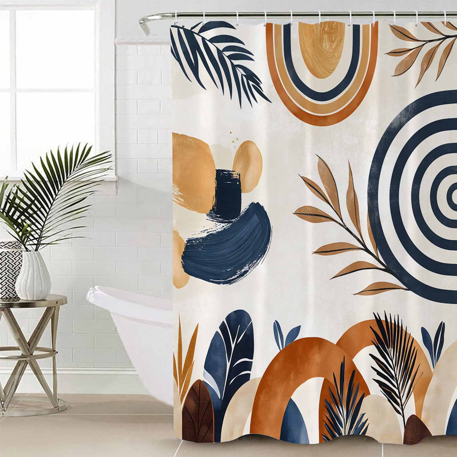 Brown Nave Blue Boho Waterproof Fabric Shower Curtain, Modern Geometric ...