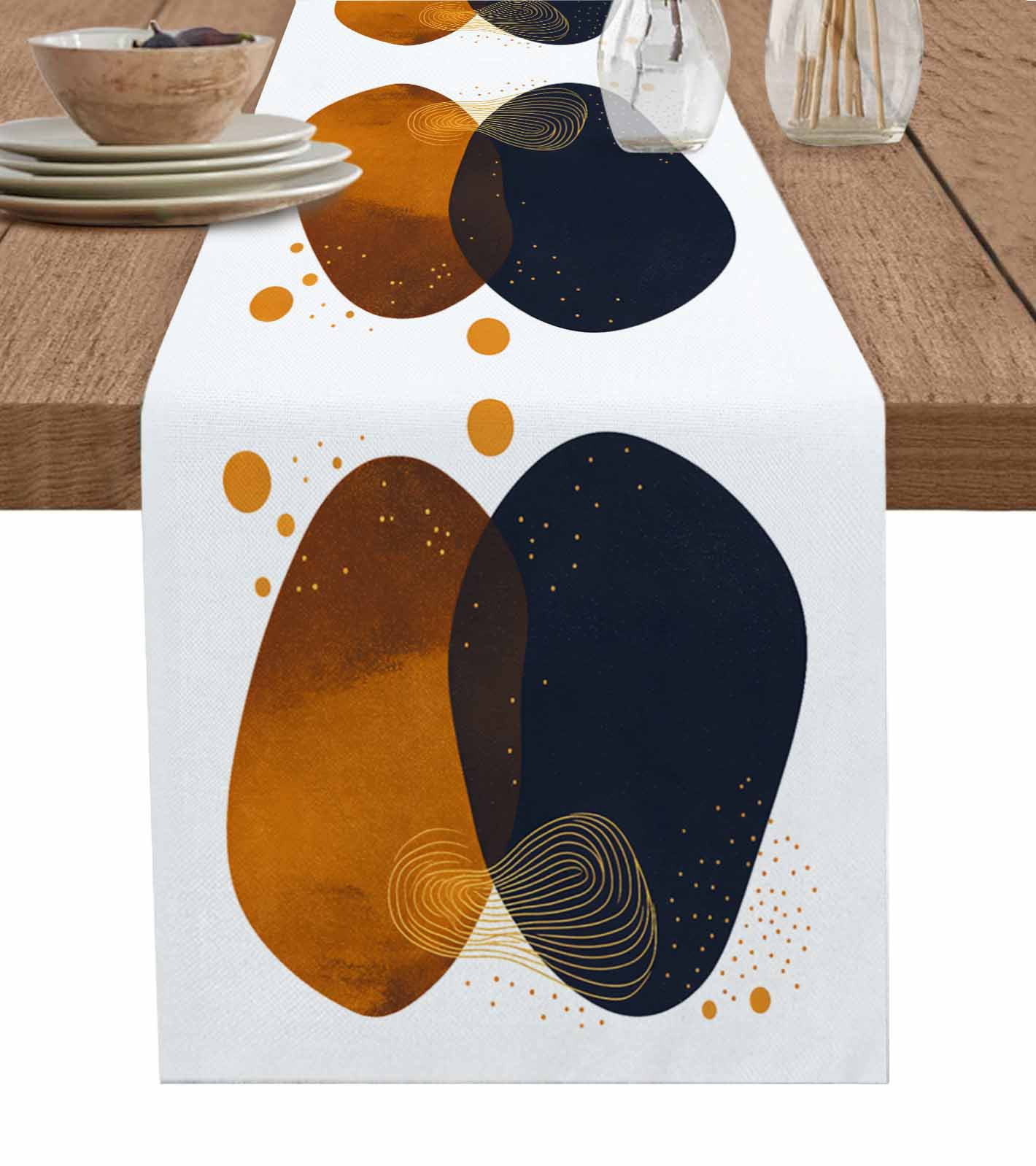 Brown Navy Blue Art Table Runner 72 Inches, Modern Geometric Splashing ...