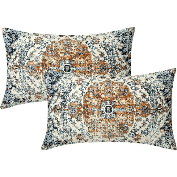 Brown Navy Blue Ethnic Boho Pillow Covers 12X20 In Bohemian Carpet Lumbar Pillow Cases Vintage Black Tan Floral Rectangular Pillow Cases with Zipper Home Decor for Room Bedroom Bed Cushion Outdoor