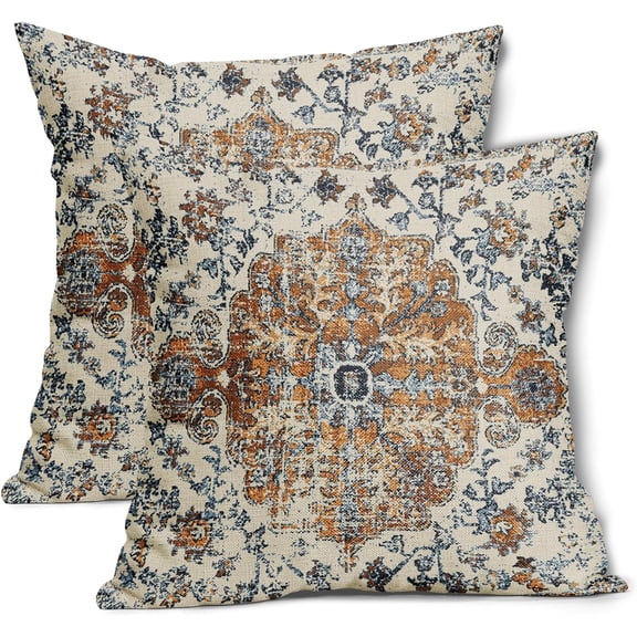 Brown Navy Blue Ethnic Boho Pillow Covers 16X16 Inch Bohemian Carpet Vintage Pillow Cases Gold Black Tan Floral Throw Pillow Set of 2 Home Decor for Room Bedroom Outdoor Porch Patio Cushion