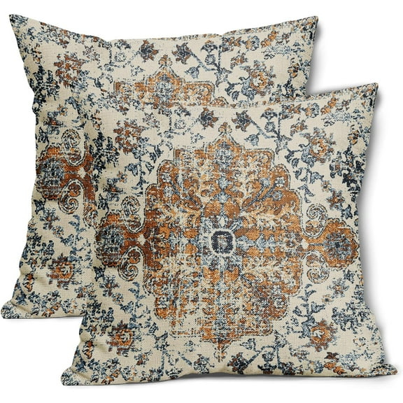 Brown Navy Blue Ethnic Boho Pillow Covers 20X20 Inch Bohemian Carpet Vintage Pillow Cases Gold Black Tan Floral Throw Pillow Set of 2 Home Decor for Room Bedroom Outdoor Porch Patio Cushion