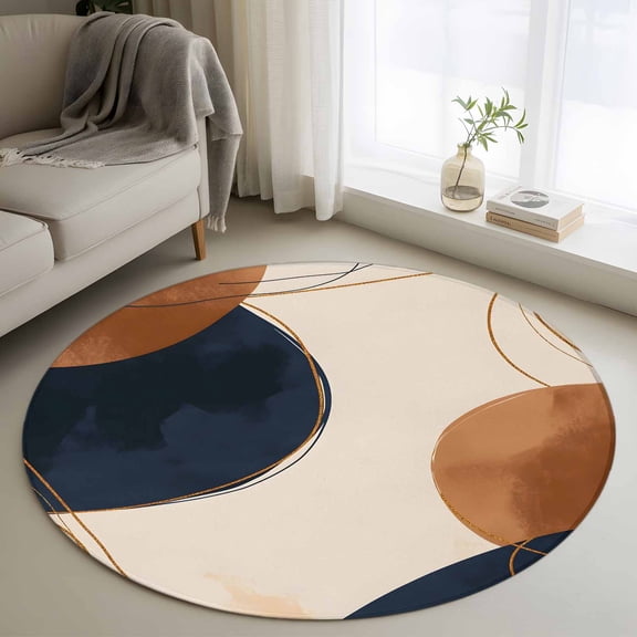 Brown Navy Blue Round Rug 3.3ft Washable Circle Entryway Rugs Non Slip Modern Abstract Art Geometric Area Rug Indoor Floor Carpet for Bedroom Kitchen Living Room Home Office Dining Room Nursery