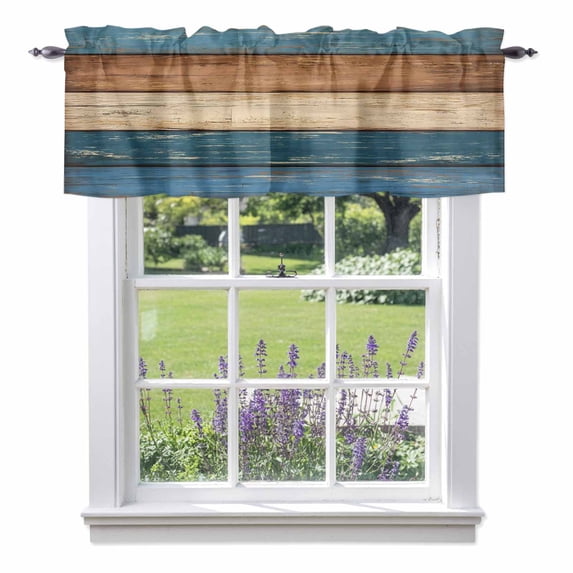 Brown Navy Blue Wood Grain Valance Curtain Striped Farm Country Style ...