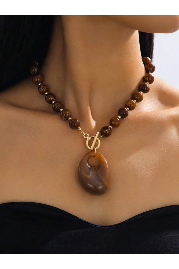 Brown Necklace With Toggle Clasp, Goldtone Metal, Bohemian Style