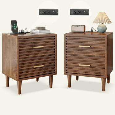 Brown Nightstand Set of 2, Fluted Night Stand With Charging Station, Mid Century Modern Night Stands For Bedroom Bedside Table, Fluted Nightstand With 2 Drawers, 19" Modern Side Table With Outlets
