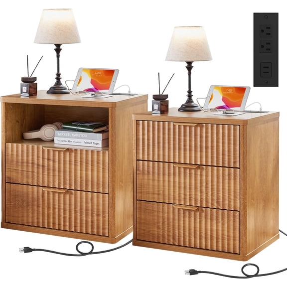 LELELINKY Farmhouse Fluted Nightstand With Charging Station, 3 Drawers & 2 Drawer Bedside Table, 23 Inch