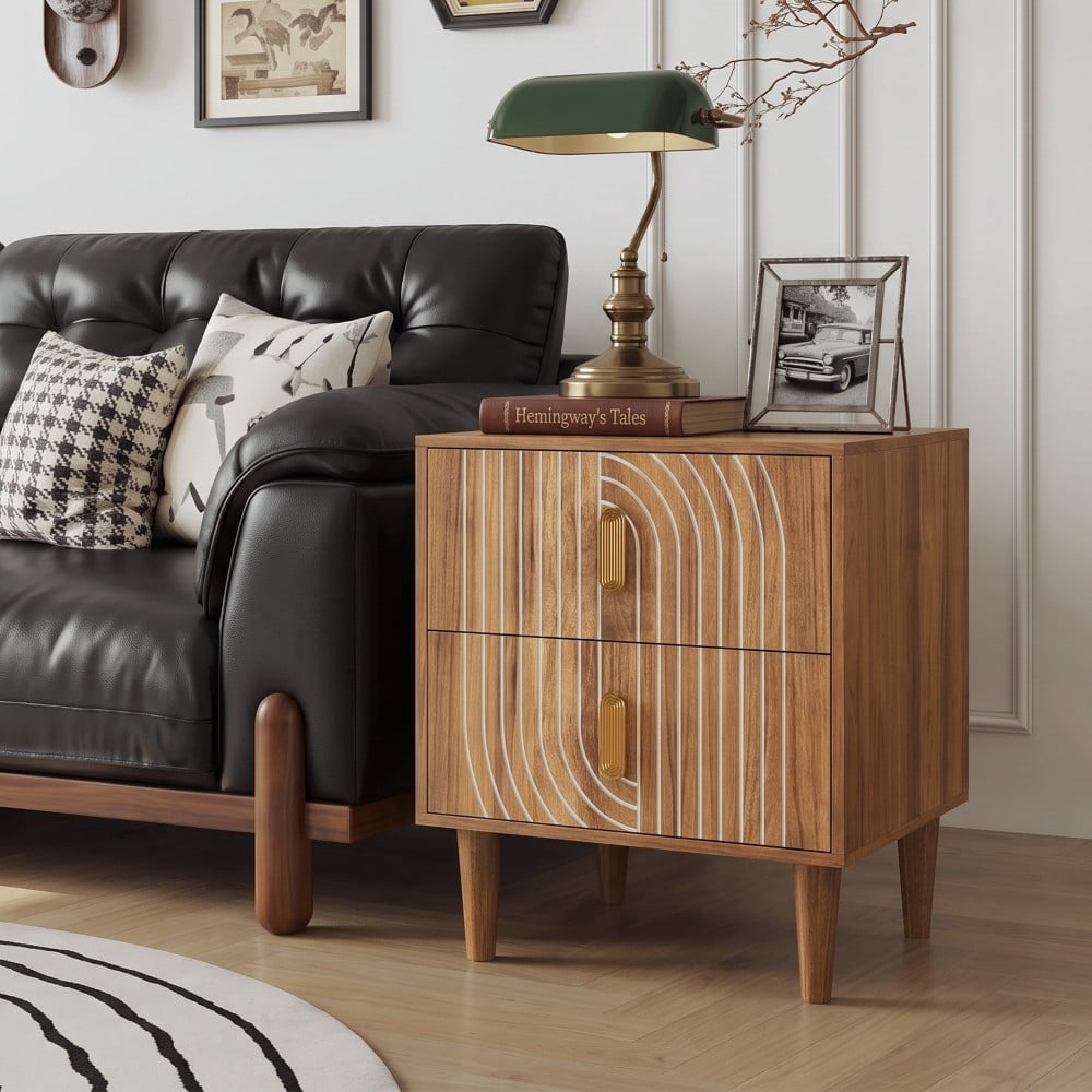 Brown Nightstand with 2 Drawers, Mid-Century Modern Bedside Table with Arched Vertical Grooves, Solid Wood Legs, Compact Storage Cabinet