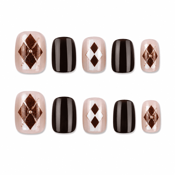 Brown Nude Checkered Press on Nails, Short Square Glossy False Nails with Geometric Accent, 30 Count
