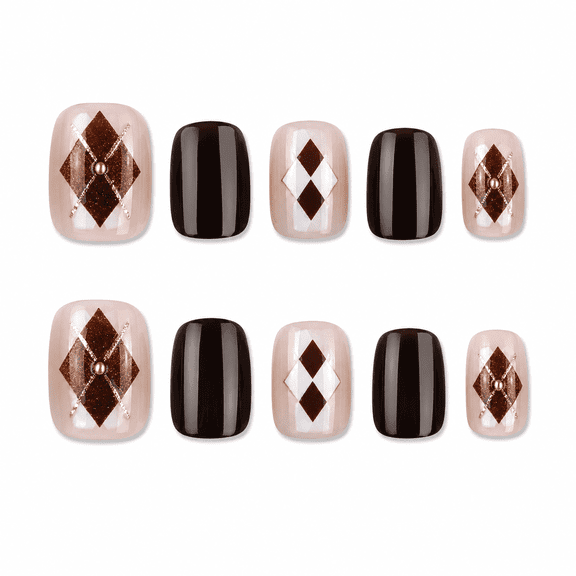 Brown Nude Checkered Press on Nails, Short Square Glossy False Nails with Geometric Accent, 30 Count
