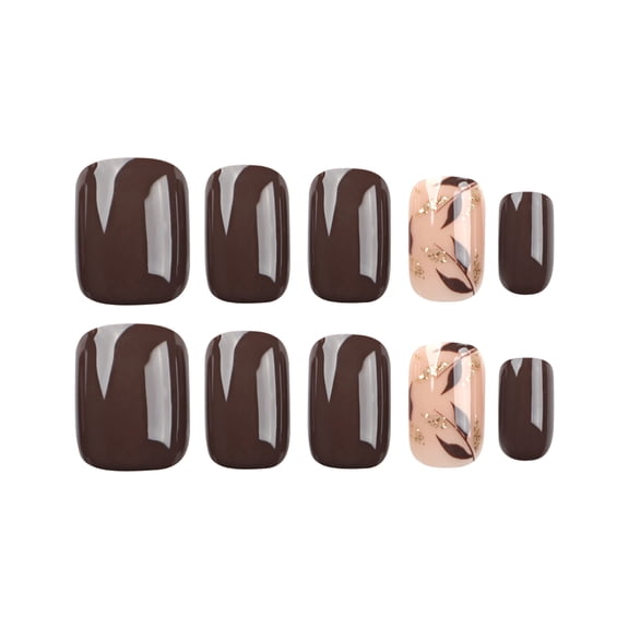 Brown Nude Leaf Design with Gold Accent Press on Nails, Short Squoval Glossy Fake Nails, 24 Count