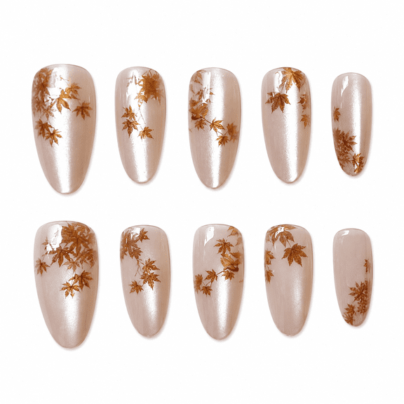 Brown Nude Maple Leaf Press on Nails, Short Almond Glossy Cat Eye False Nails, 30 Count