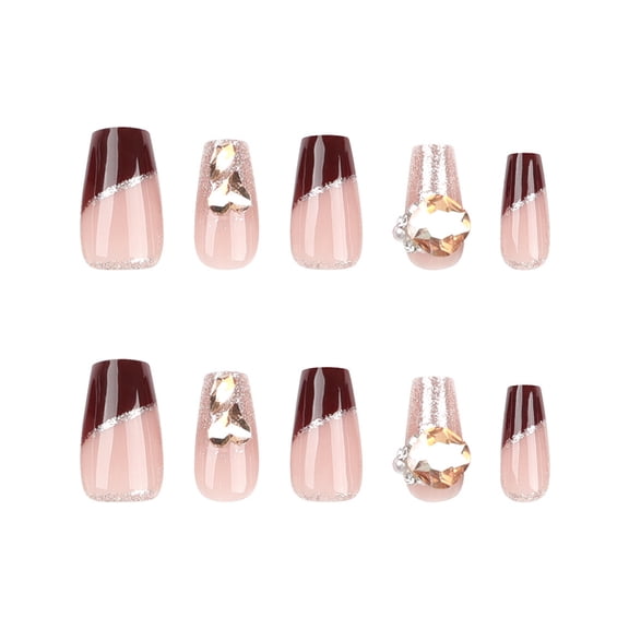 Brown Nude Ombre French Tip Press on Nails with Rhinestone Heart & Glitter Line, Medium Coffin Glossy False Nails, 30 Count