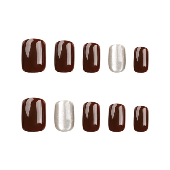 Brown Nude Solid Color with Accent Nails Press on Nails, Short Squoval Shape Glossy Finish Artificial Nails, Multiple Sizes, 24 Count