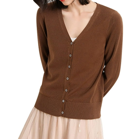 Brown Nylon Coffee Coffee V-Neck Women's Cardigan, Women's Classic Button Down Long Sleeve V Neck Soft Knit Sweater
