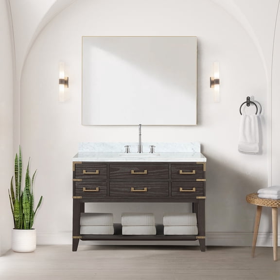 Brown Oak 48" Bath Vanity Unit - Soft Close, 5 Drawers & Open Cabinet, Solid Wood , Easy Installation Presented W X 22" D Cabinet Shelf, Hassle- And Setup