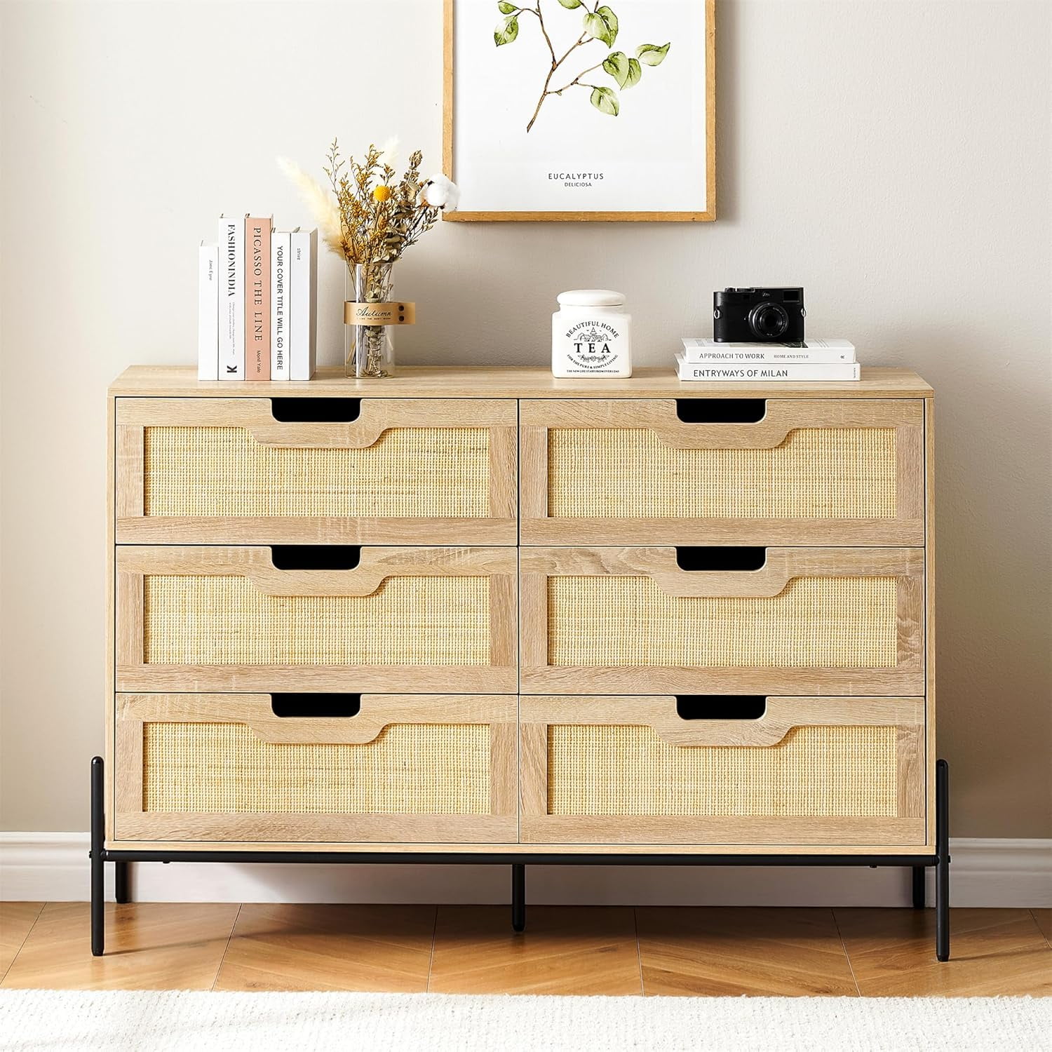 Natural Oak and Rattan 6-Drawer Dresser with Black Metal Legs