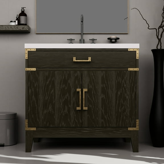 Brown Oak Bath Vanity 36 In. W X 22 D. White Quartz Countertop. Solid Wood Frame. Soft Close. Spacious Interior Cabinet And Open Shelf. Handmade Quartz. 8 Spread Faucet Installation-possible D Unit.