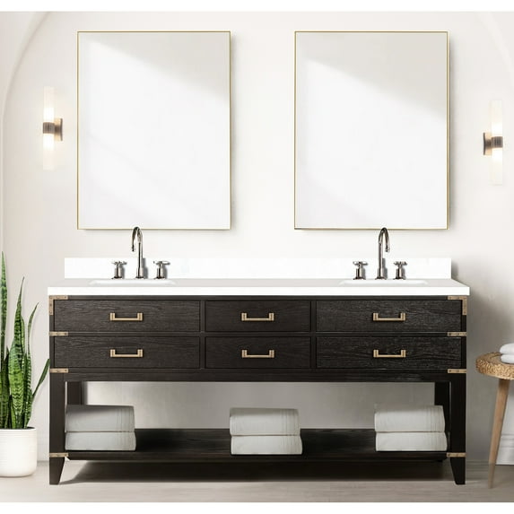 Brown Oak Double Bath Vanity 72 In. W - White Quartz Top, Solid Wood Soft Close, 4 Drawers & Open Cabinet For Adequate Storage X 22 With Top Wood, Close Varied Solutions