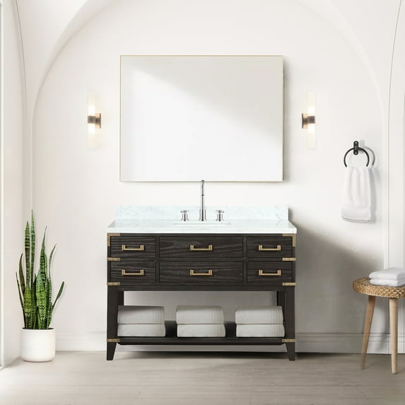 Brown Oak Single Bath Vanity With Hand Marble Countertop - 48 In. W X 22 D, Solid Wood Frame, Soft Close, 5 Drawers & Shelf D And Sufficient Open Space Cabinet