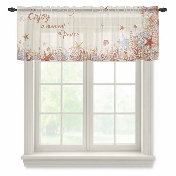 Brown Ocean Sheer Valances for Windows, Enjoy A Moment of Peace Beach Starfish Shell Coral Linen Semi Sheer Kitchen Valance Rod Pocket Small Voile Window Curtains for Living Room Bedroom 42 x 18 Inch