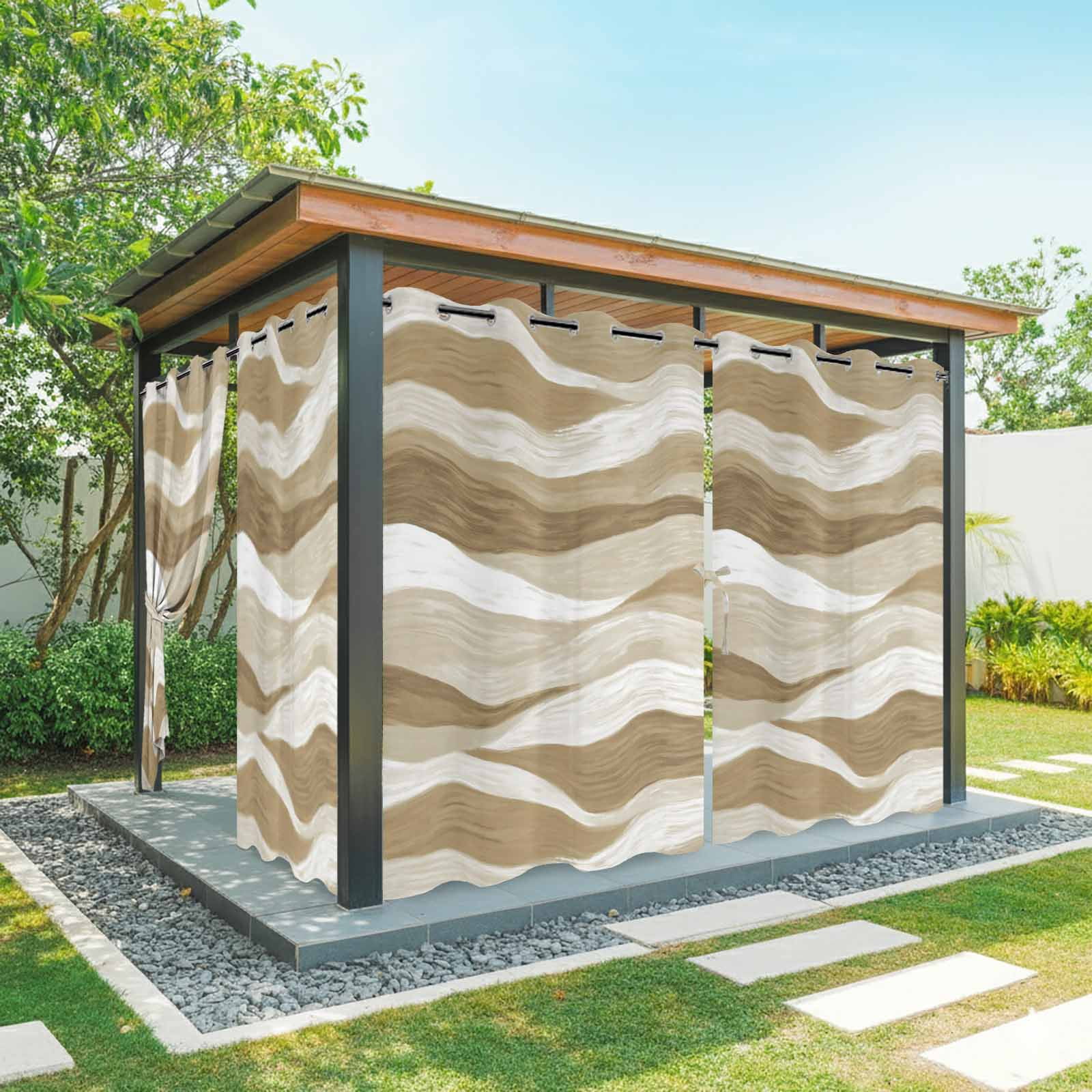Brown Ocean Waves Outdoor Curtains for Patio, Abstract Modern Ombre Stripes Sunshade Privacy Drapes Grommet Waterproof Outside Curtains for Porch/Cabana/Balcony 54"x 108", 1 Panel