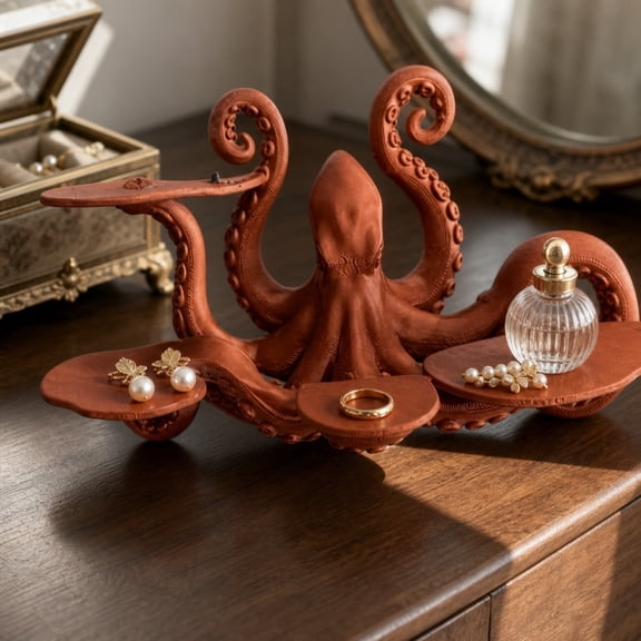 Brown Octopus Jewelry Tray Organizer, Multi-Tentacle Ring Earring Necklace Holder, Cute Ocean Animal Tabletop Jewelry Display Stand for Dresser Decor