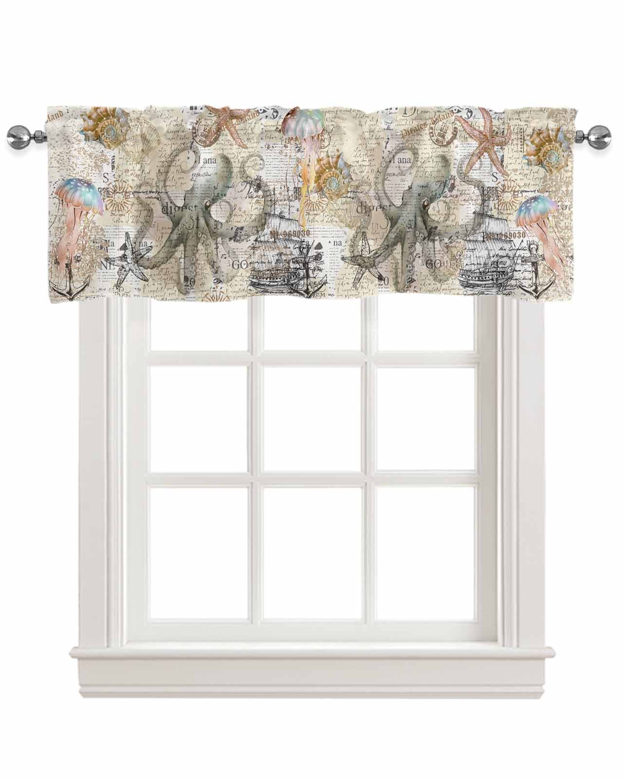 Brown Octopus Linen Curtain Valance for Bedroom/Bathroom/Kitchen/Living/Dining Room Window,Nautical Coastal Anchor Boat Starfish Conch Pocket Topper Drapes Decorative Cafe Drapery Panel 42"x18"