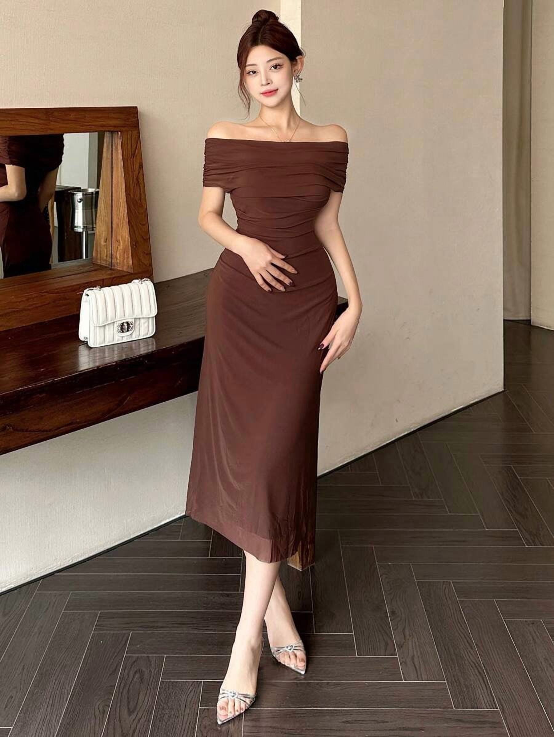 Brown Off-Shoulder Ruched Slim Fit Midi Dress For Women Elegant Casual Evening Cocktail Dress