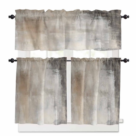 Brown Oil Painting Kitchen Curtains Valances and Tiers Set of 3, 24 Inch Length Tier Curtains and Valance Rod Pocket Valance Curtains Set for Kitchen Bathroom Small Windows