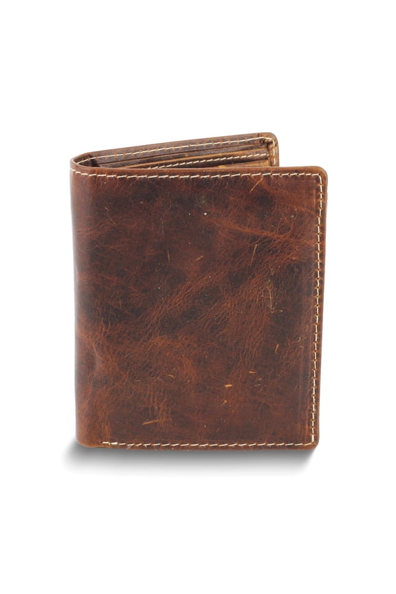Brown Oiled Leather RFID Blocking Euro Wallet with Center Flap, Zippered Slot, and Snap Coin Pocket