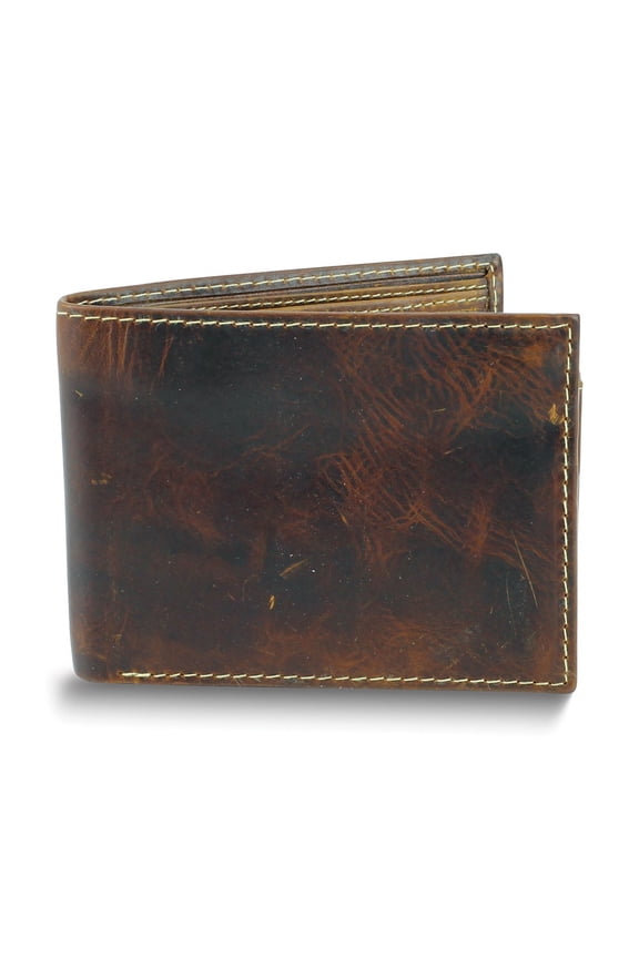 Brown Oiled Leather RFID Blocking Pass Case Top Flap 9-Slot Bifold Wallet with ID Window