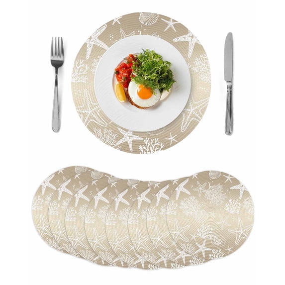 Brown Ombre Coastal Round 13 Inch Placemats Set of 8, Sea Nautical Summer Beach Starfish Coral HeatResistant Non Slip Place Mats for Dining Table, Wipeable Braided Kitchen Table Mats for Housewarming
